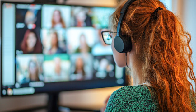 Student attending online class using video conference call software
