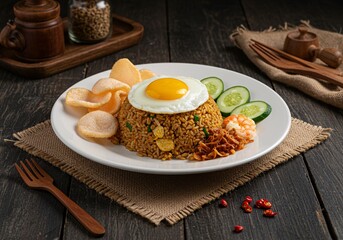 A plate of Indonesian nasi goreng, served with a sunny-side-up egg, crispy prawn crackers, and fresh cucumber slices on a dark wooden table.