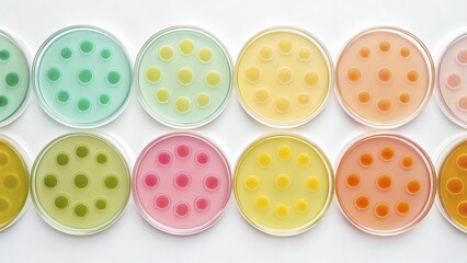 Fototapeta premium Colorful petri dishes arranged in a grid pattern showcasing a range of vibrant hues