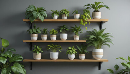 Modern indoor plant display on wooden shelves with various pots