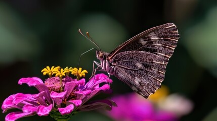 Obraz premium Butterfly feeding on a zinnia flower in a garden