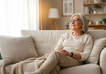 Senior Woman Relaxing on Cozy Sofa at Home, Enjoying Peaceful Moment
