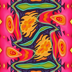 Psychedelic floral abstract, vibrant surreal art, colorful trippy pattern, distorted ornamental design, modern digital artwork, funky flower composition, bold artistic print, contemporary wall decor