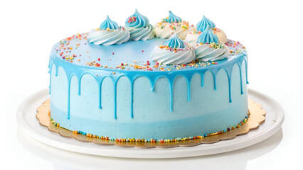 A gourmet frosted cake with a striking blue glaze and vibrant sprinkles, isolated on a white background for a clean and elegant look.