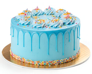 A gourmet frosted cake with a striking blue glaze and vibrant sprinkles, isolated on a white background for a clean and elegant look.