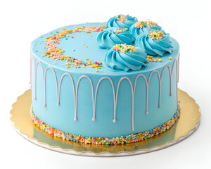 A gourmet frosted cake with a striking blue glaze and vibrant sprinkles, isolated on a white background for a clean and elegant look.