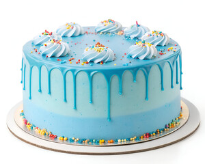 A gourmet frosted cake with a striking blue glaze and vibrant sprinkles, isolated on a white background for a clean and elegant look.