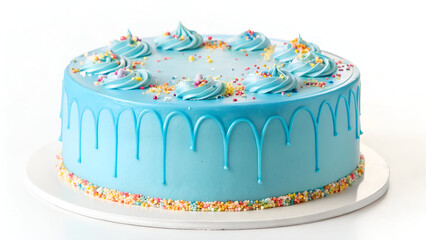 A gourmet frosted cake with a striking blue glaze and vibrant sprinkles, isolated on a white background for a clean and elegant look.