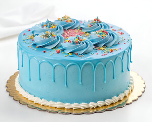A gourmet frosted cake with a striking blue glaze and vibrant sprinkles, isolated on a white background for a clean and elegant look.