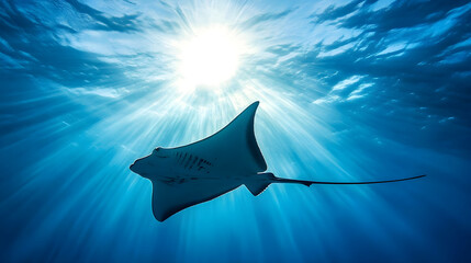 Elegant Stingray Gliding Through Clear Blue Ocean - A Mesmerizing Marine Life Scene Capturing the Beauty and Serenity of Oceanic Creatures