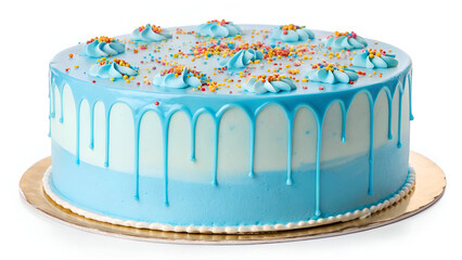 A gourmet frosted cake with a striking blue glaze and vibrant sprinkles, isolated on a white background for a clean and elegant look.