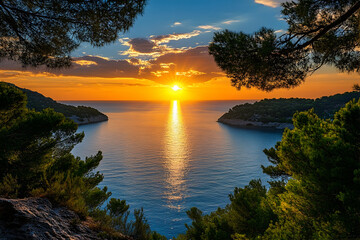 
Beautiful sunset over the sea, with trees framing the picture and the sun setting in front of it.