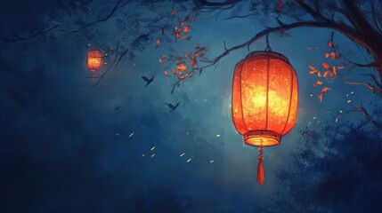 Obraz premium Night Scene with Glowing Lanterns and Birds in Flight Illustration