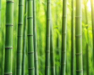 Fototapeta premium Ethereal bamboo forest with soft sunlight filtering through, ecotourism concept, peaceful nature exploration, serene, lush greenery
