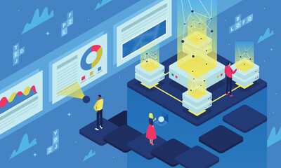 Data science abstract isometric concept with people dashboards.