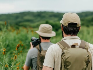 Wildlife photographers capturing images of rare species in a protected reserve, ecotourism and biodiversity appreciation, raw, detailed life