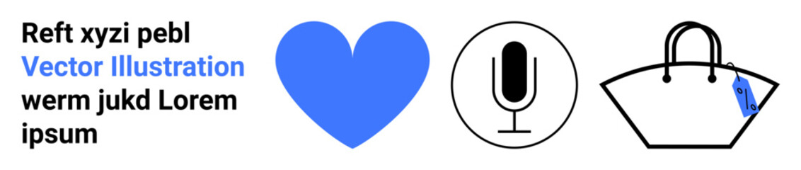 Blue heart shape, circular microphone icon, and handbag with tag symbolizing love, audio, fashion. Ideal for communication, lifestyle, shopping, creativity branding media flat landing page banner