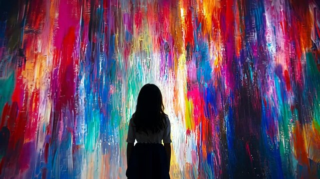 Child admires colorful abstract artwork at contemporary art exhibit in urban gallery