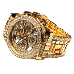 A Luxury Gold Watch with Intricate Detailing and Diamonds Isolated on Transparent Background