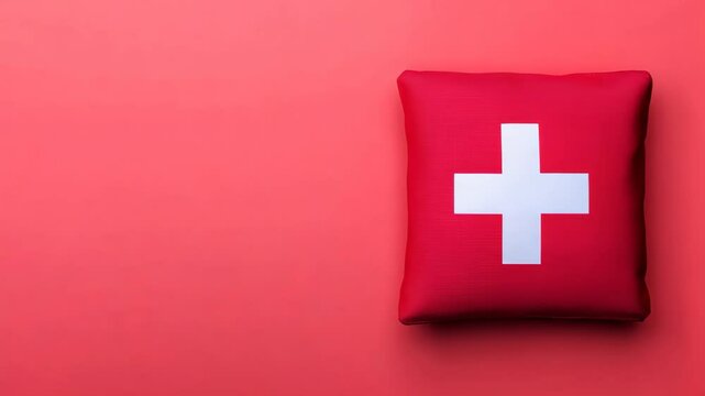 Red First Aid Kit on Pink Background for Emergency Medical Supplies and Healthcare Design with Copy Space