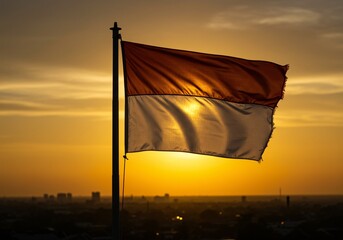 The Indonesian flag waves proudly against a golden sunset, symbolizing national pride, independence, and patriotism with a breathtaking skyline in the background.