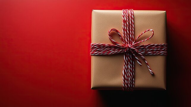 A large package tied with red and white string ribbon on a bright background.