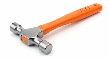 A sturdy hammer with an orange handle and a steel head lies on a neutral surface, essential for construction, carpentry, repairs, and DIY projects.