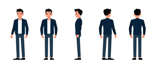 Set of man front, side and back wear blue jacket character vector illustration design. Presentation in various action.