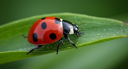 Fototapeta premium A vibrant red ladybug with black spots crawls along a fresh green leaf, showcasing its delicate details and natural beauty in a close-up macro shot.