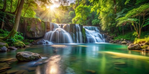 Serene Waterfall Cascading Through Lush Green Forest Bathed in Golden Sunlight
