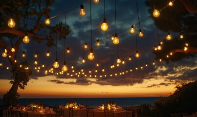 Romantic twilight scene lit with hanging lights.