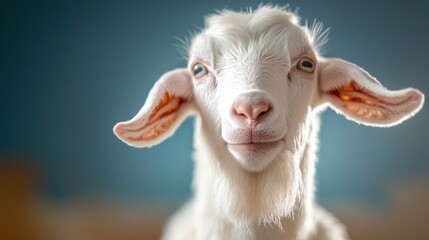 Fototapeta premium White goat with blue eyes is staring at the camera. The goat has a fluffy white face and a long white beard