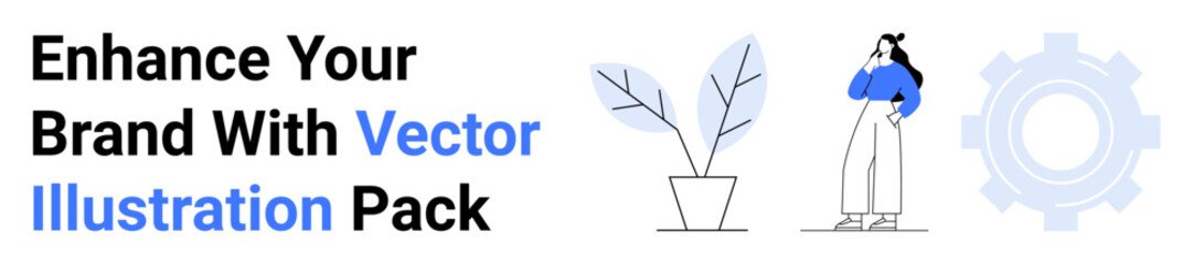 Woman standing thoughtfully beside plant in pot and gear graphic. Ideal for branding, teamwork, marketing strategy, innovation, creativity, business growth, flat landing page banner