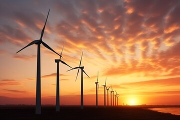Obraz premium Wind turbines at sunset. wind turbine silhouette on mountain at sunset