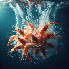 Obraz premium A dynamic, high-speed splash shot of fresh shrimp being dropped into water. Droplets freeze mid-air, creating a sense of movement, energy, and freshness. The bright orange-pink shells contrast beautif