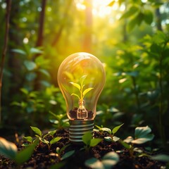 Eco Innovation Concept | Light Bulb with Green Plant Growing Inside in Forest | Renewable Energy, Sustainability, Eco-Friendly, Nature Power, Environmental Conservation, Green Technology, Clean Energy