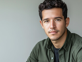 Fototapeta premium A Hispanic man with short hair, looking confidently at the camera with a plain white minimalistic background, modern attire, natural expression