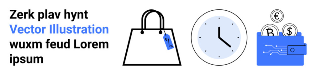 Shopping tote with price tag, clock showing time, and wallet with cryptocurrency coins. Ideal for e-commerce, time management, financial planning, retail sales, digital payment, online shopping flat