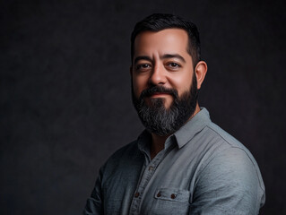 Fototapeta premium A Latino man with a full beard, dressed in a casual shirt, illuminated by soft studio light, standing against a solid color background