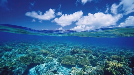 Underwater Coral Reef View with Clear Blue Sky and White Clouds