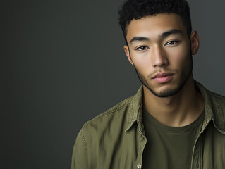 Obraz premium A mixed race man with a neutral expression, wearing casual attire, posed against a soft gray background