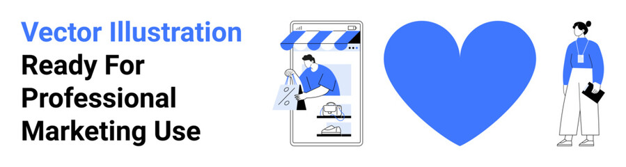 Customer scrolling through an e-commerce app, large blue heart, professional holding documents. Ideal for marketing, e-commerce, branding, customer support, design, online interaction flat landing