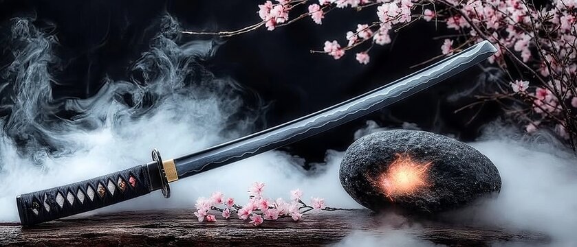 Samurai sword on wood with smoke and cherry blossoms