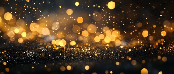 Golden bokeh, raining light, blurry lights, blurry background, gold confetti on a black background, night lights, city lights. Gold glitter shimmer dust shiny light particles dark abstract background