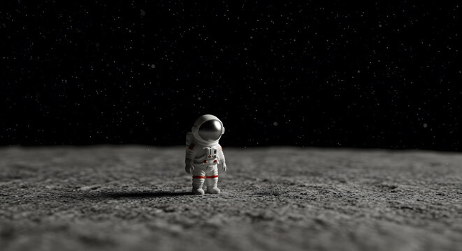 Tiny astronaut figurine standing on a textured gray surface, resembling the moon, with a dark sky backdrop - Powered by Adobe
