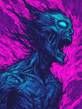 Screaming Zombie Figure in Abstract Purple and Blue Flames