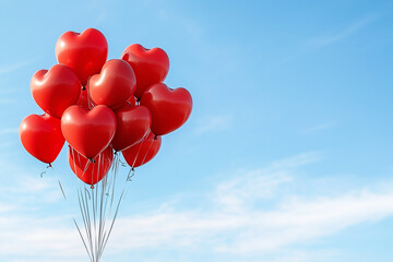 A cluster of red heart-shaped balloons floating against a clear blue sky, symbolizing love, romance, and celebration.