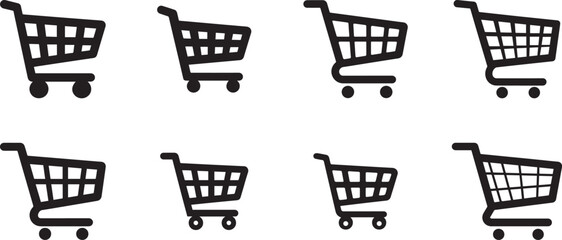 Shopping Cart Icons Set - Black Silhouette Variations for E-commerce and Retail