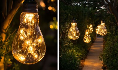 Glowing bulb lights illuminate a garden path.