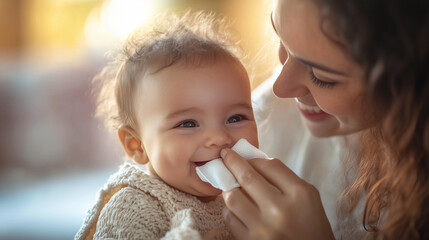 A loving mother gently wipes her smiling baby's face with a tissue, capturing a tender parenting moment.